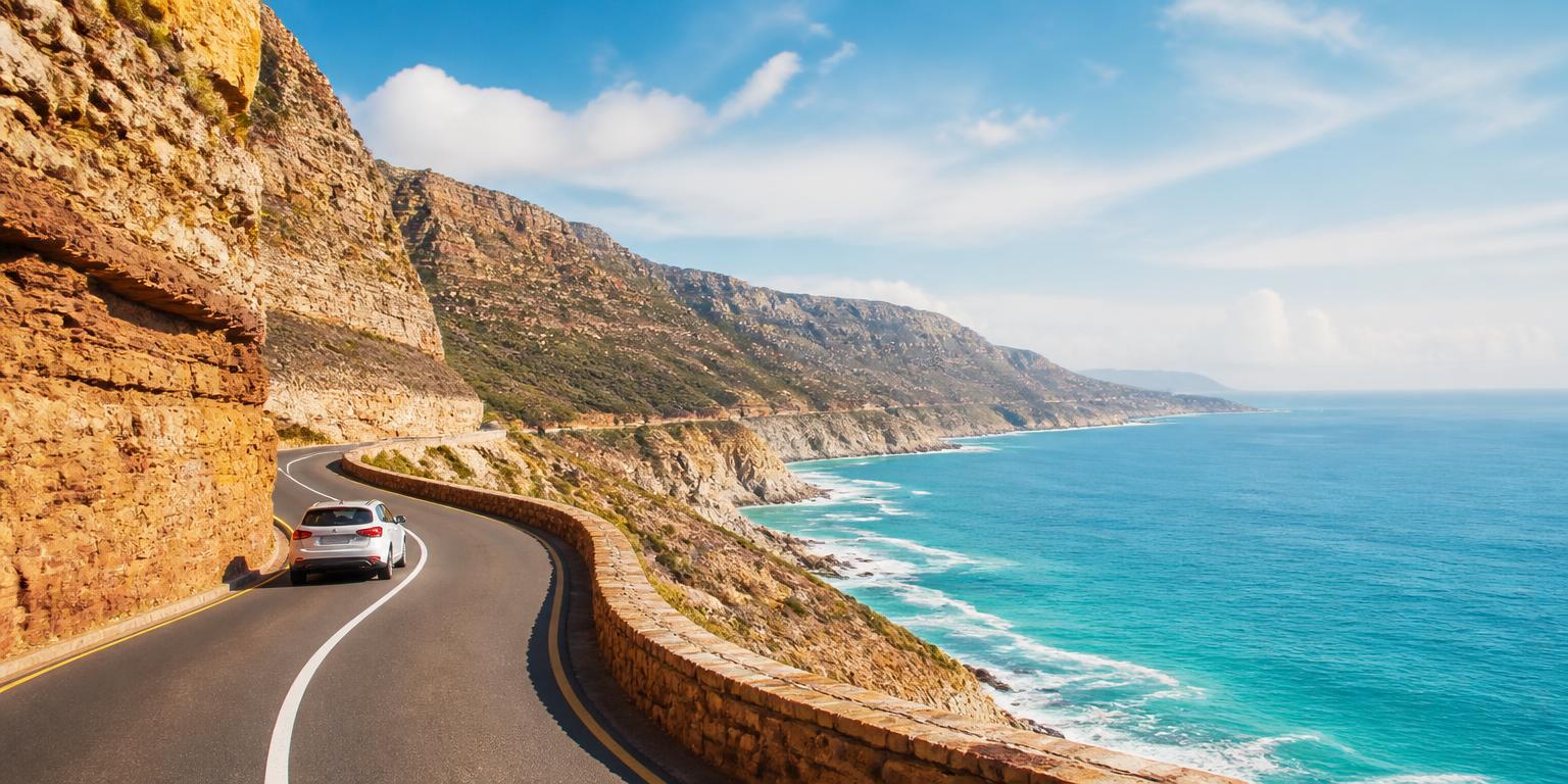Chapman's Peak Drive with a car driving on the left side of the coastal road, Atlantic Ocean and cliffs